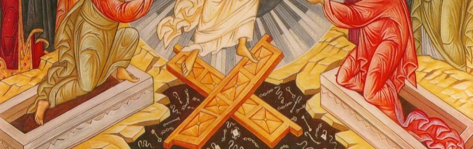 Christ trampling the gates of hades with all their locks and keys and setting the prisoners (Adam and Eve) free from darkness.
