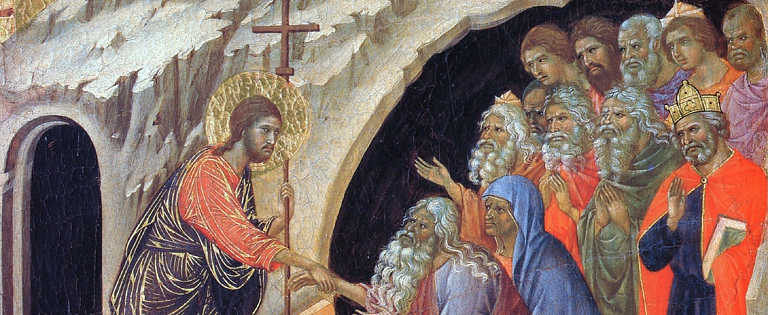 Christ delivering Adam, Eve, and other righteous souls in prison (1 Pet. 3:19, 4:6).